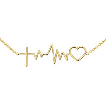 14k Solid Yellow Gold Heart Beat Heartbeat with Cross Pendant Necklace - £172.56 GBP+