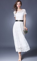 Unomatch Women Hollow Lace Round Neck Long Wedding Dress White - $34.99