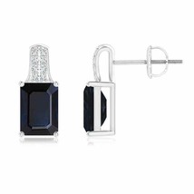 ANGARA Natural Blue Sapphire Emerald Cut Stud Earrings with Diamond in 14K Gold - £898.15 GBP