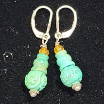 Asian Design Carved Turquoise Acrylic Amber Bead Sterling Silver Earring... - $464.44 MXN