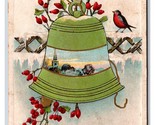 Happy New Year Bell Robin Icicles Embossed UNP DB Postcard U17 - $4.42
