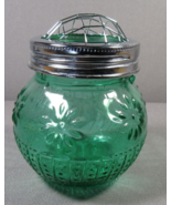Flower Frog Green Embossed Jar Pressed Glass 2003 3.5&quot; Shiny Metal Top H... - £16.33 GBP