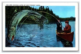 Comic Exaggeration Fishing Lots of Excitement Here UNP Linen Postcard W22 - $2.92