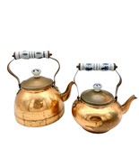 Vintage Pair of Copper Tea Kettles with Blue and White Ceramic Handles a... - £37.28 GBP