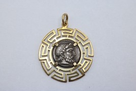 Ancient Greek Metapontum Coin Design Pendant 18K Gold Greek Key Bezel - £262.73 GBP