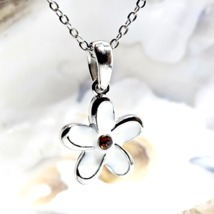 Daisy Flower Pendant Necklace 18&quot; Chain White Enamel Pink CZ Unisex Jewellery - £4.90 GBP