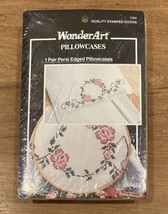 WonderArt Perle Edged Stamped Pillowcases Kit One Pair Rose Circle NEW - £17.92 GBP