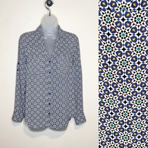 EXPRESS portofino shirt blouse size small blue/black/white geometric print - $24.19