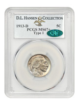 1913-D 5C PCGS/CAC MS67+ (Type 1) Ex: D.L. Hansen - £8,009.03 GBP