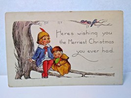 Christmas Postcard Whitney Child With Feather In Cap Blue Birds In Tree Vintage - £11.89 GBP