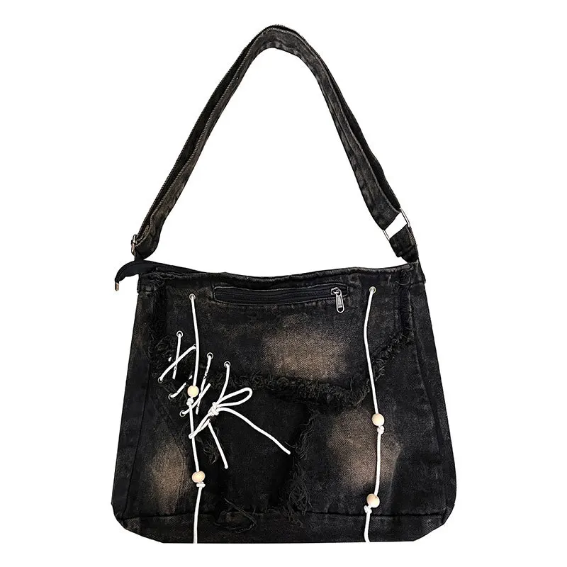 Canvas Denim Tassel Messenger Bag with Large Capacity Flip Zipper Crossb... - $48.98