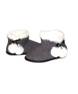 Hanes Women&#39;s SLIPPERS BOOTIES White Fur Trim Pom Poms Comfortable Size 5-6 - £8.56 GBP