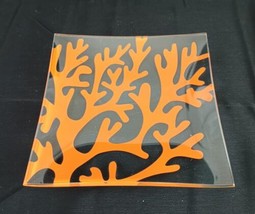 Glass Trinket Tray Orange Seaweed Coral Mint Condition 6&quot;X6&quot; - £14.36 GBP
