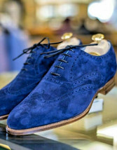 Handmade Classic Oxford Wingtip Brogue Blue Suede Leather Shoes For Men&#39;s - $159.00