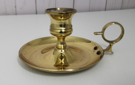 Brass Candlestick Gold Candle Holder w/Finger Loop &amp; Drip Tray Vintage - £10.35 GBP