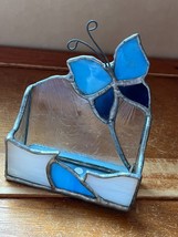 Hand Made Small Clear White &amp; Shades of Blue Stained Glass Butterfly Business - £9.02 GBP