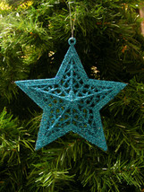 Blue Glitter Plastic Filigree Star Christmas Tree ORNAMENT- Great For Wreaths - $4.88