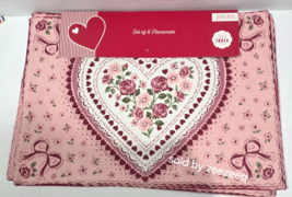 Valentine's Day Red Heart Pink Roses Coquette Bows Placemats Set of 4 - $29.69