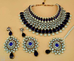 Indian Bollywood Bridal Jewelry Gold Plated Kundan Pearl Necklace Earrings Tikka - £22.01 GBP