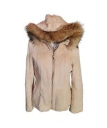 Andrew Marc Vintage Sheared Rabbit Raccoon Trimmed Fur Hooded Coat Beige... - $121.19
