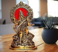 Goddess Maa Veena Vadini Saraswati Metal idol Sitting On Hans - £35.49 GBP