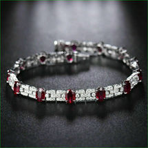 Simulated  Red Ruby Gold Plated 925 Silver 13.10 CT Oval Cut Bracelet - £141.25 GBP