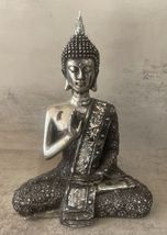 Silver Resin Buddha Statue 8” Seated Floral Robe Decor Zen Peace - €16,92 EUR