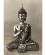 Silver Resin Buddha Statue 8” Seated Floral Robe Decor Zen Peace - €16,92 EUR