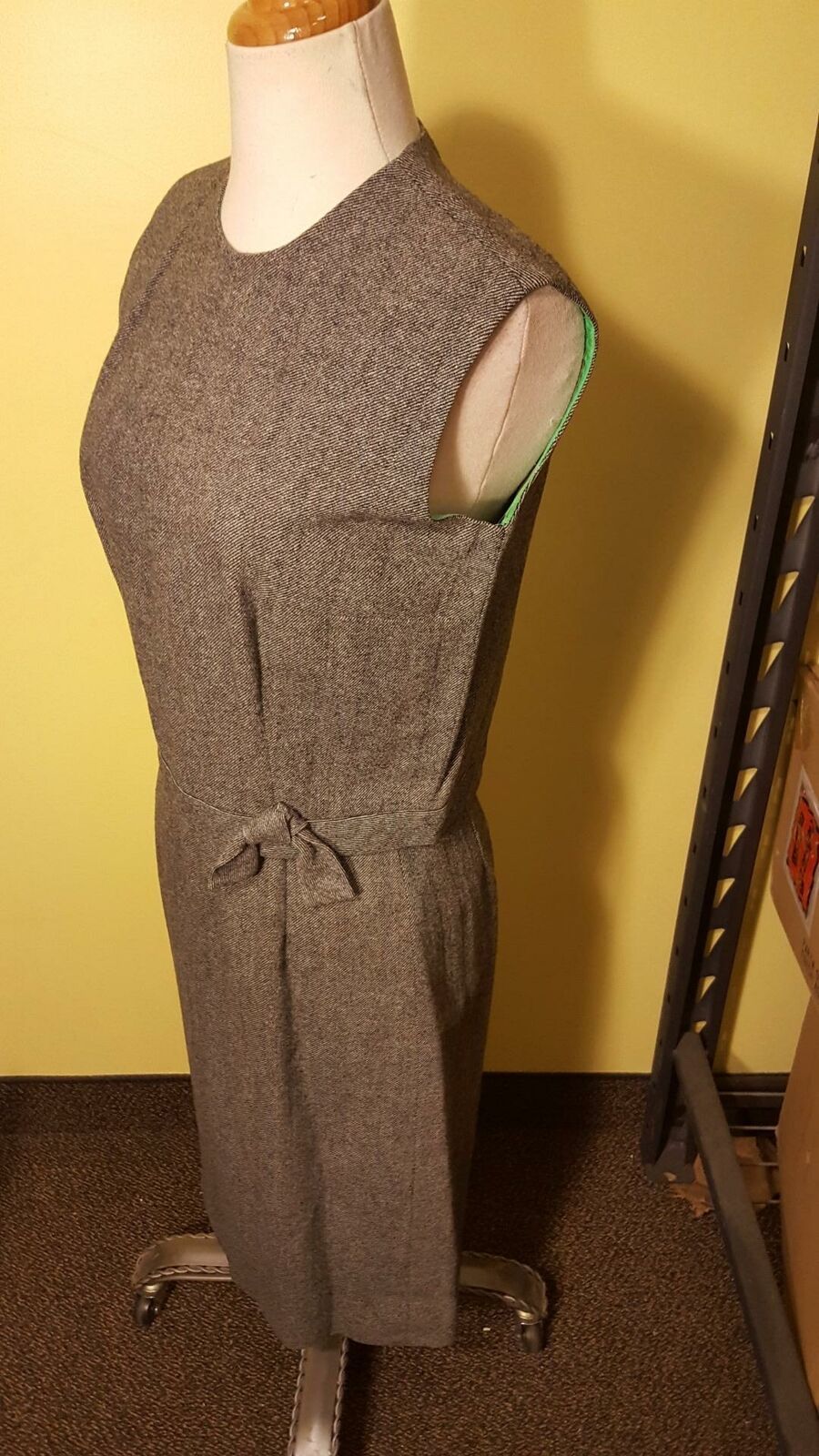 Primary image for Wool VINTAGE Grey 3 Piece DRESS SET Green Satin Lining Dress Top Jacket