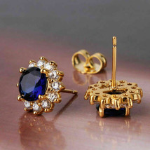 2Ct Simulated Blue Sapphire & Diamond Halo Stud Earrings 14K Yellow Gold Plated - £50.61 GBP