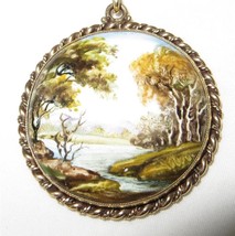 14K Gold Signed Hand Painted Porcelain Pendant Necklace c1930 Serene Scene - £301.31 GBP