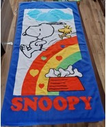 Vintage Snoopy Woodstock Beach Towel Peanuts Rainbow Hearts Blue 27x58 - £29.23 GBP