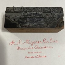 Vintage Printing Block H. R. Migener Co Draperies &amp; Furniture Houston Tx - £8.72 GBP
