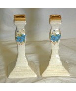 Pair Porcelain Taper Candlestick Holders Blue Floral Japan - £23.29 GBP