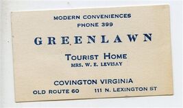 Greenlawn Tourist Home Business Card Covington Virginia 1940's - $17.82