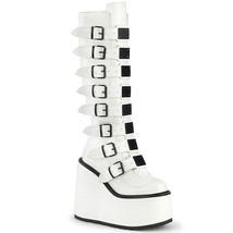 DEMONIA SWING-815 Wedge Platform Goth Buckle Strap White Women Knee High Boots - £111.84 GBP