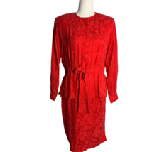 Vintage Donna Morgan Floral Silk Dress 4 Red Buttons Elastic Waist Long Sleeves - £40.27 GBP