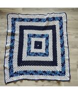 Vintage Handmade Granny Square Blue Knitted Crochet Afghan Blanket Throw... - $19.18