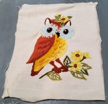 Vintage Owl Embroidered Crewel Needlepoint 11.5x14.5 - £29.74 GBP