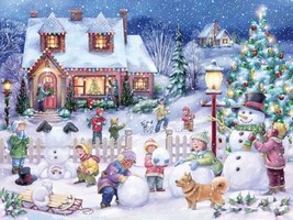FRAMED CANVAS Art print giclée country Christmas children fun snowman - £31.31 GBP+