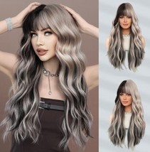7JHH WIGS Long Wavy Silver Grey Black Highlight Wig 27in Natural Heat Resistant - £16.02 GBP