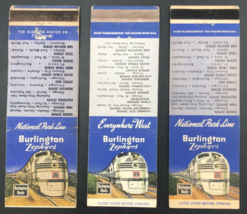3 Diff VTG Burlington Route Zephyrs National Park Line CBQ Blue Matchbook Covers - £9.74 GBP