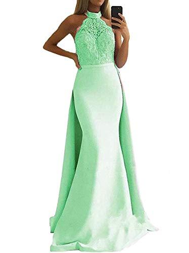 Plus Size Beaded Mermaid Long Evening Prom Dress with Detachable Train Mint 22W
