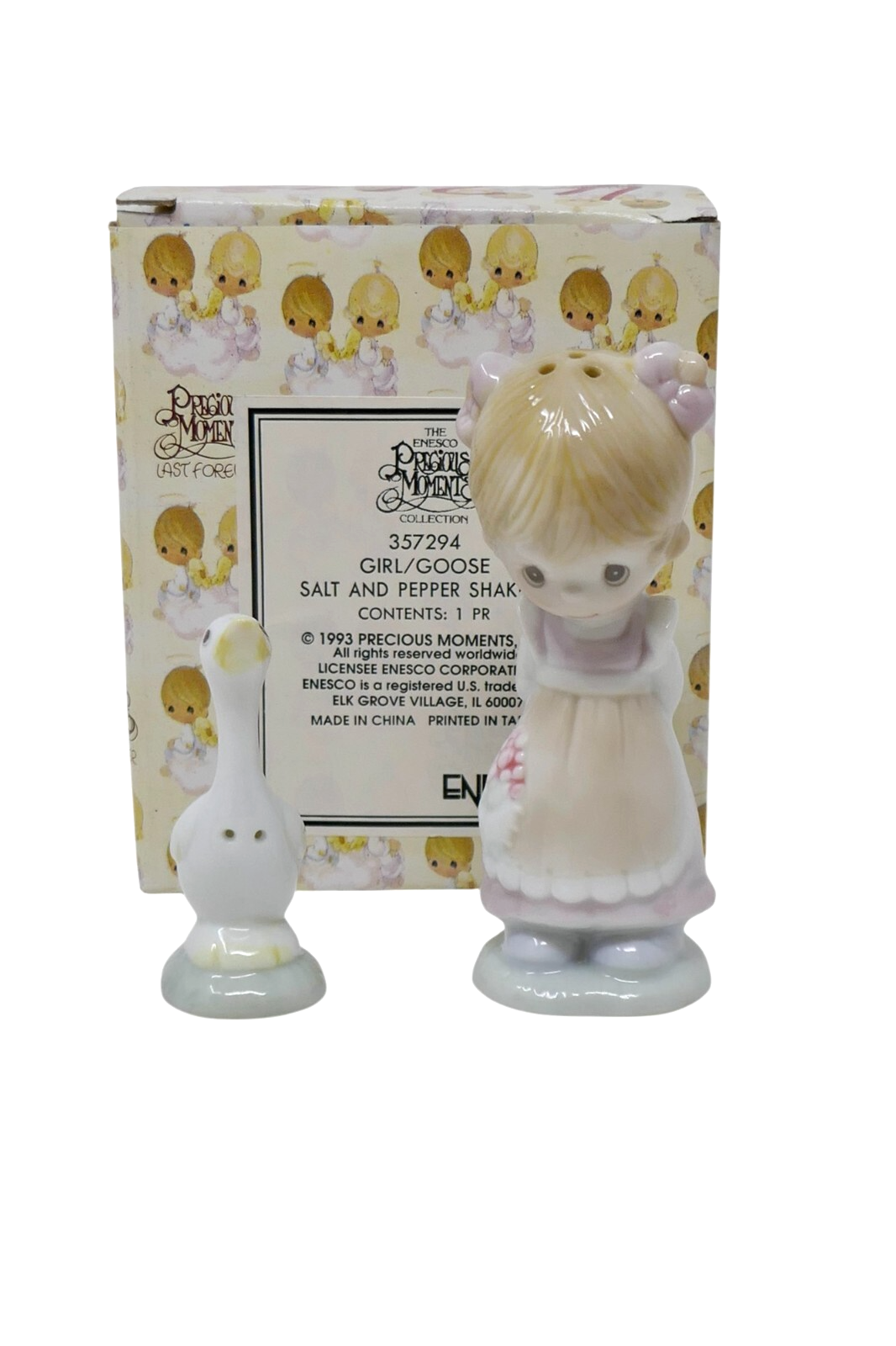 Precious Moments 1993 Girl And Goose Ceramic Salt &amp; Pepper Shakers 357294 - $14.69