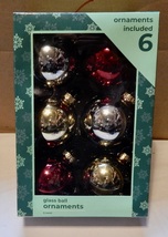 Christmas Tree Ornaments Glass Ball 2 1/2” Round 6ea Red Gold Silver NIB... - $9.89