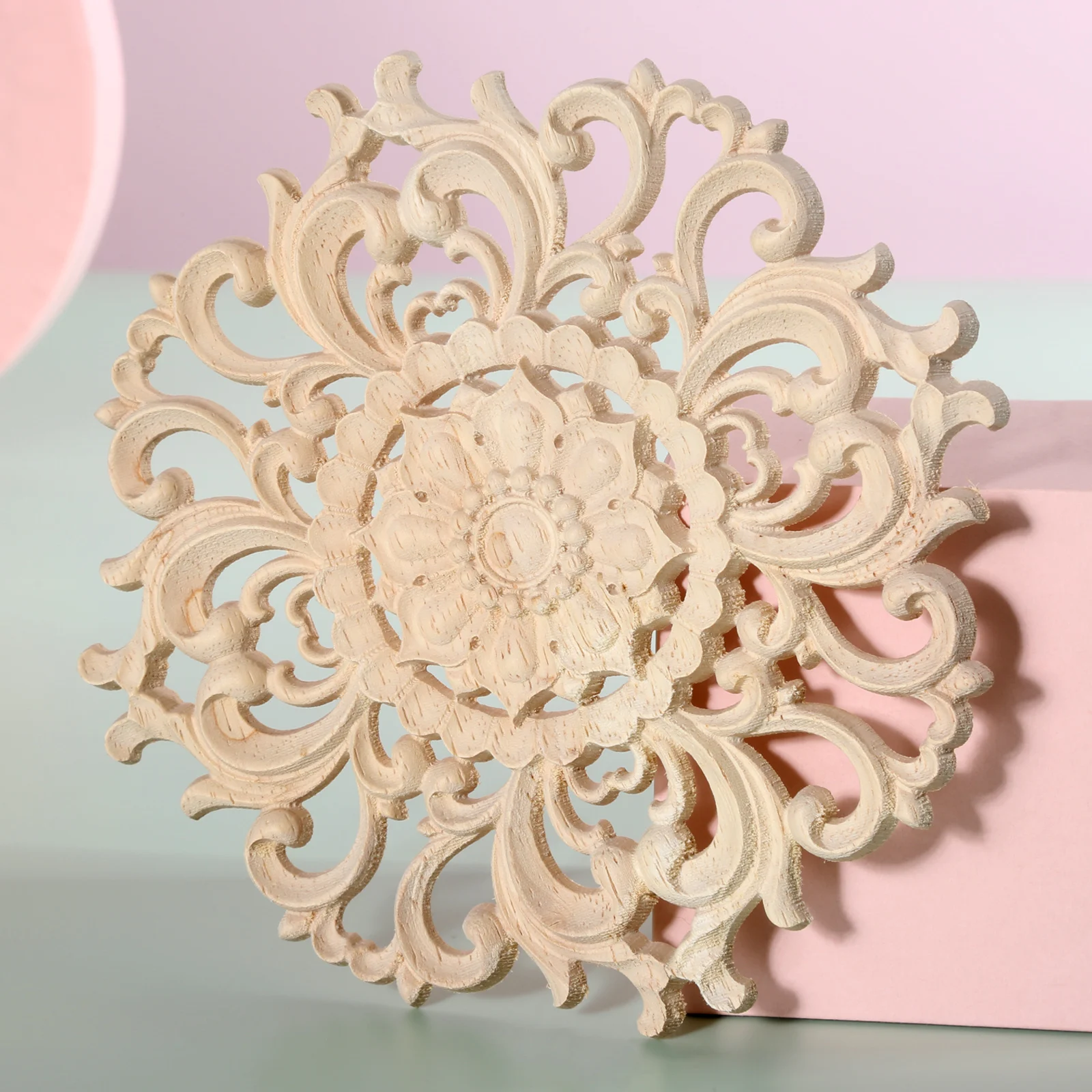 1pc Round Flower Wood Carving Decal Unpainted Disc Onlay Decor Door Furnitu - £8.95 GBP