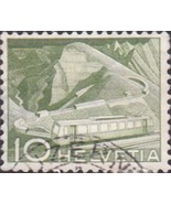 Swiss Switzerland Helvetia 1950s Train Green 10 Cancelled Postage Stamp - $9.30 CAD