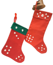 2 Vintage Christmas Stockings Buttons and Bows 16&quot; long each RED GREEN WHITE - £11.21 GBP