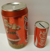 COCA COLA lot of 2 tin metal COIN BANKS Piggy Bank Santa &amp; Coke Can Cont... - $29.95