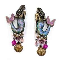 Oxidized Brass Whimsical Mermaid Seashell Clip On Dangle Earrings - £17.40 GBP
